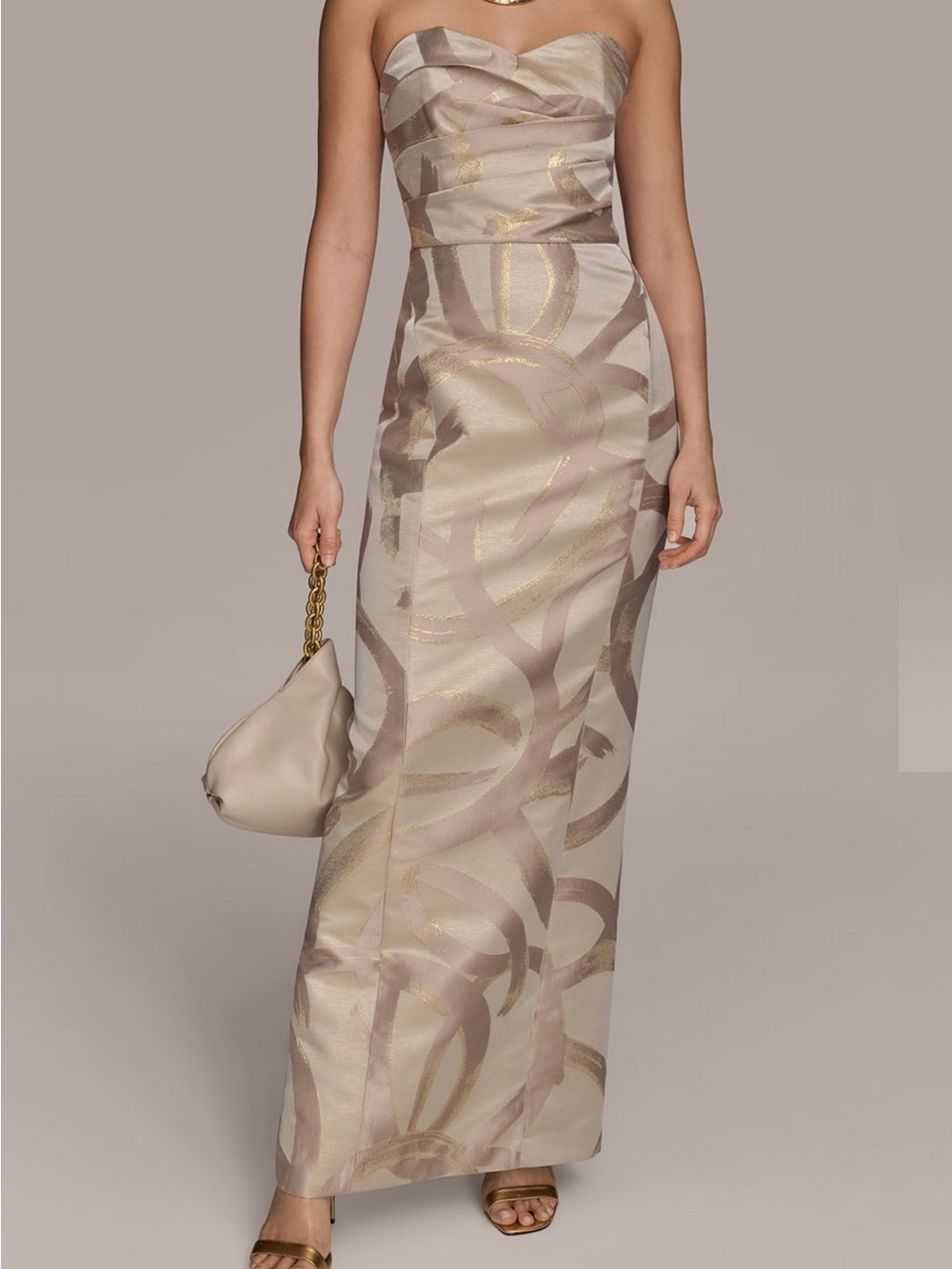 Donna Karan Strapless Metallic Beige and Gold Evening Gown